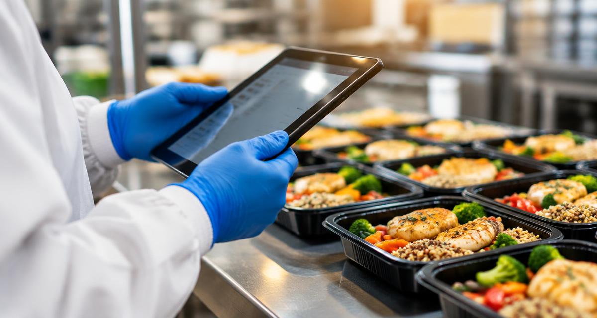Gloved hands holding a digital tablet over trays of prepared food on an inspection bench