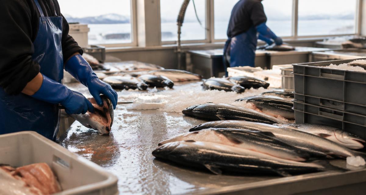 Fresh fish on ice at a seafood processing facility