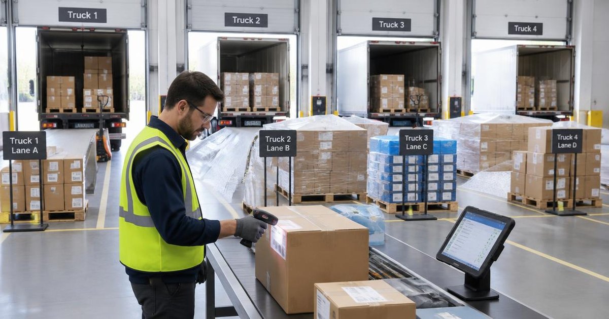 Multi-carrier shipping: a dispatch worker in hi-vis and gloves scans a parcel while freight is sorted into lanes for four trucks