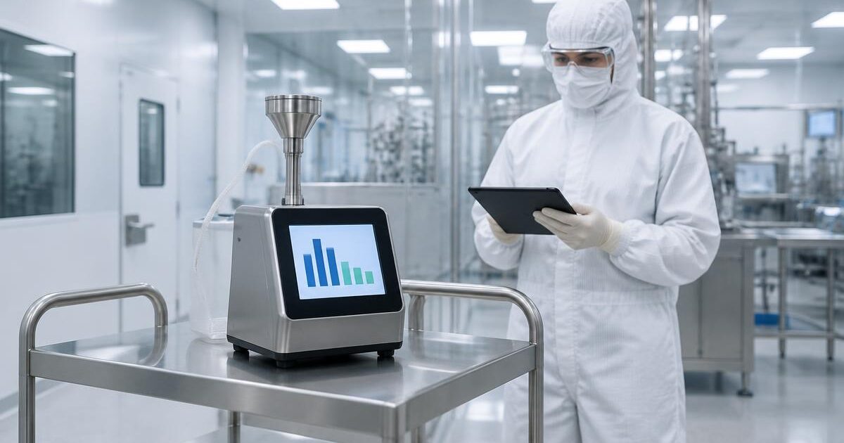 Non-viable particle count: a portable particle counter samples cleanroom air while a gowned operator reviews readings on a tablet