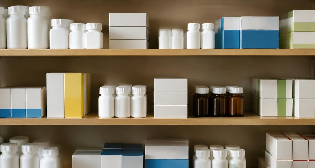 A pharmacy shelf of over-the-counter medicines in plain unbranded boxes and bottles