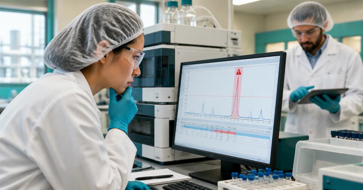 Out-of-specification result: a lab analyst studies a chromatogram peak above its limit while a colleague starts an investigation on a tablet