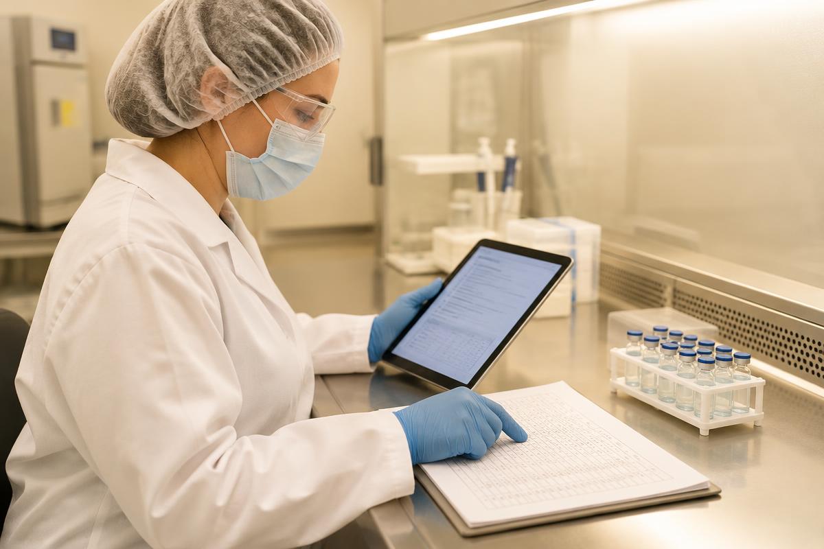 Protected biologics specialist comparing a filed protocol with a serial record on a tablet