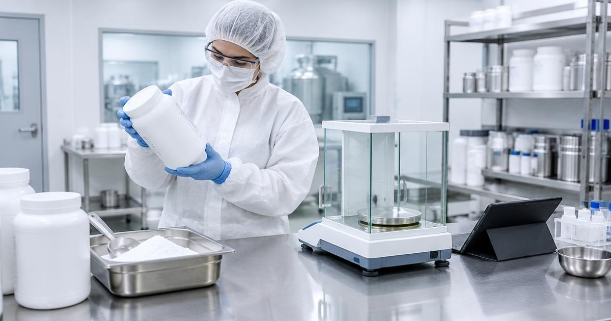 overage context: protected personnel examining relevant equipment and materials with a tablet in a manufacturing workplace