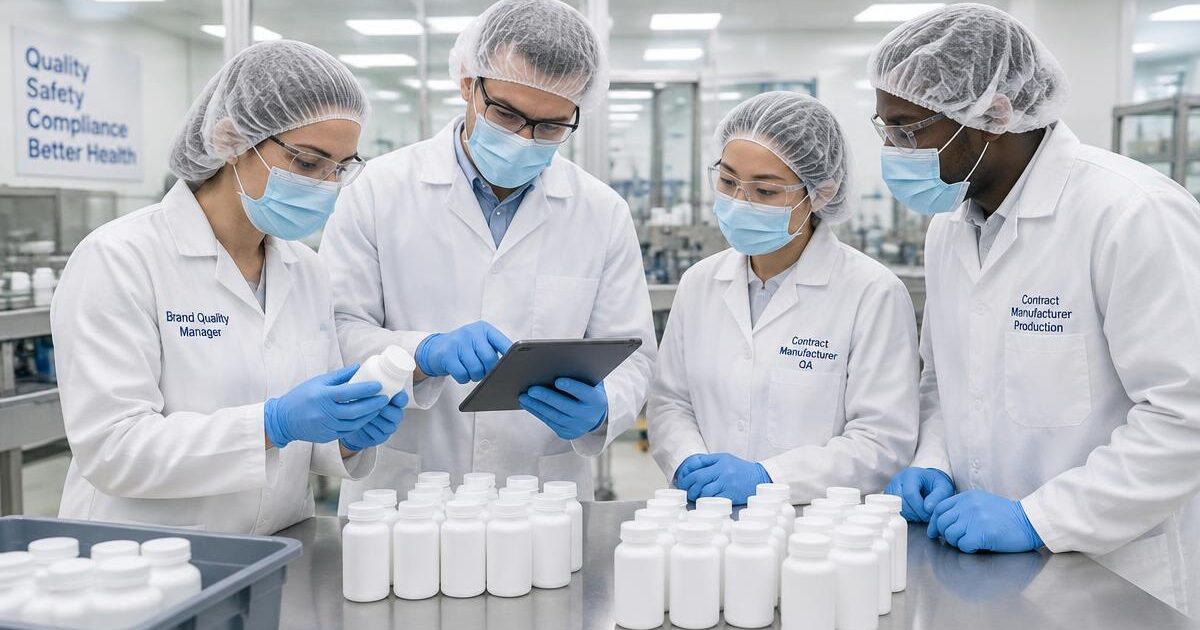 Brand and contract manufacturer quality staff in protective clothing review supplement bottles