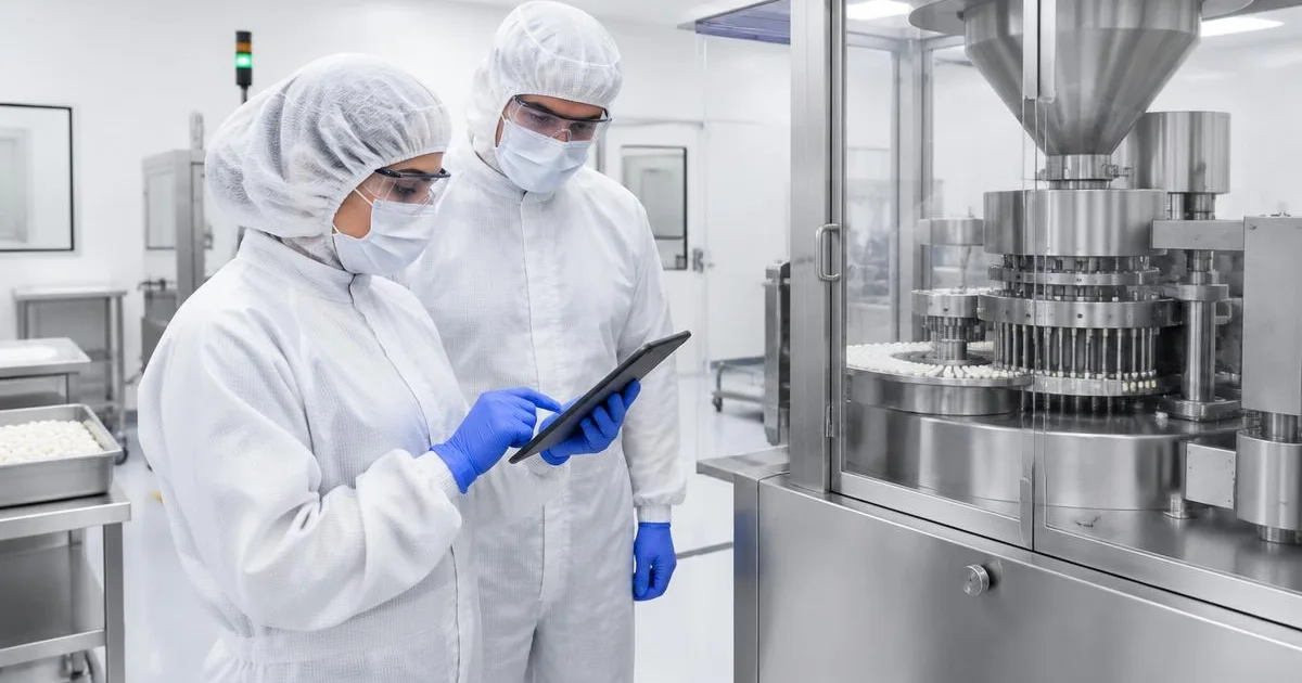 Protected supplement operators reviewing actual production evidence beside capsule equipment
