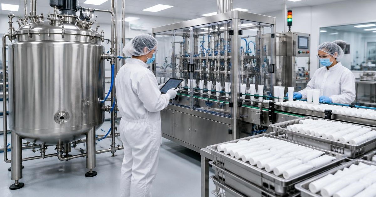 Packaging specialists inspect output beside bulk containers and a packing line