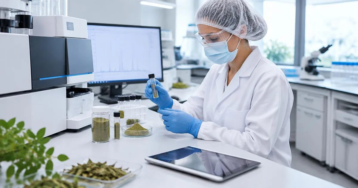 Protected laboratory specialist examining an incoming ingredient sample