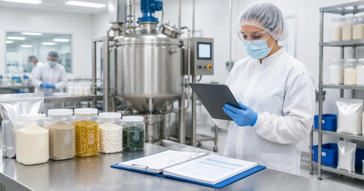 Protected manufacturing specialist reviewing a tablet beside supplement equipment