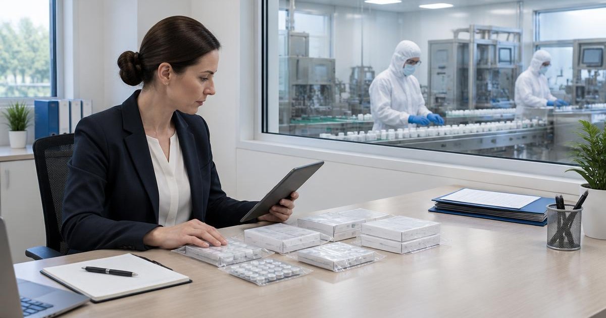 Pharmaceutical quality specialist reviews a batch evidence file in a manufacturing setting
