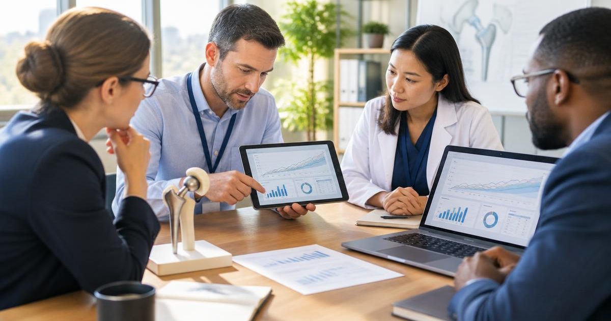 Regulatory team reviews clinical data charts beside an implant model
