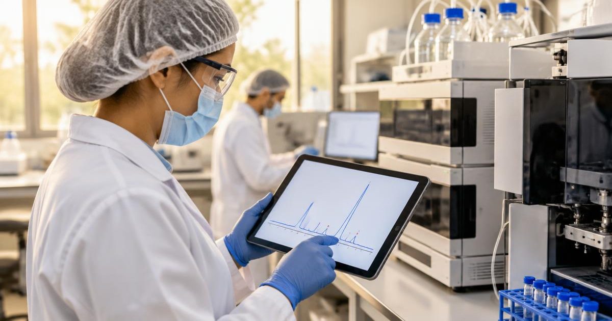 Lab analyst reviews chromatogram impurity peaks on a tablet beside HPLC instruments