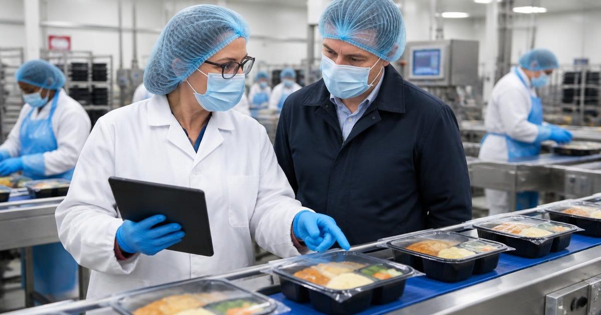 Food factory quality manager shows a retailer auditor packed meals and records on a tablet
