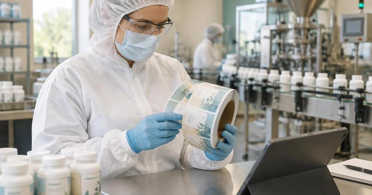Protected supplement packaging specialist comparing a printed label roll at a tablet beside the filling line