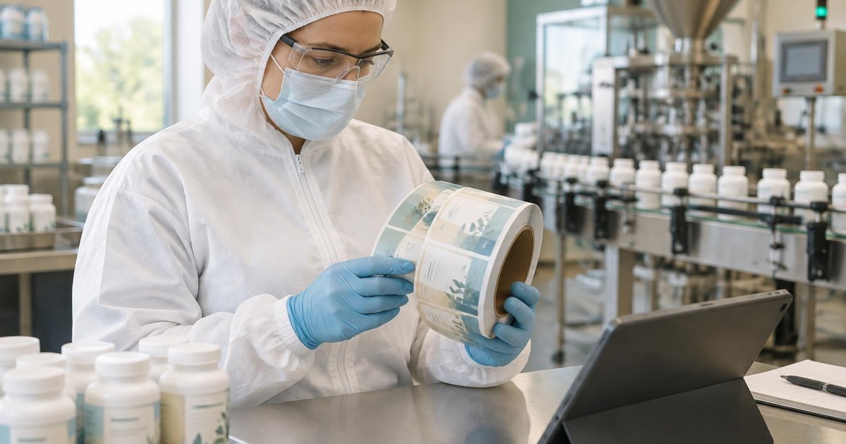 Packaging and labeling operations (Subpart L): protected supplement specialist compares a label roll at a tablet beside the packaging line