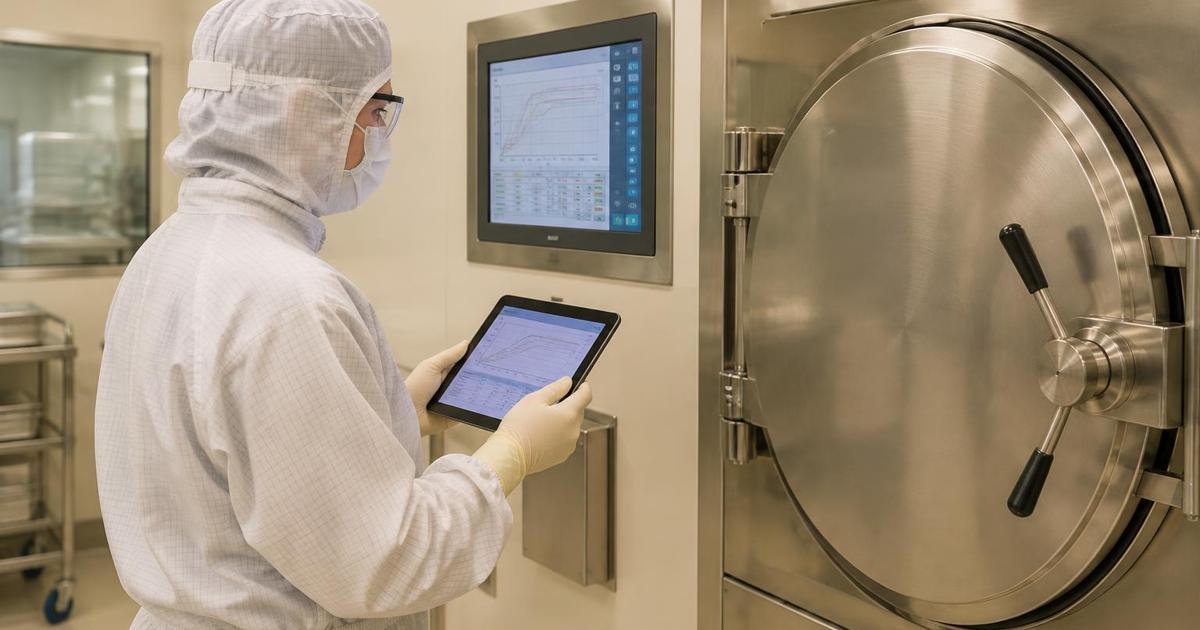 Protected colleague reviewing validated sterilisation cycle records on a tablet beside an autoclave