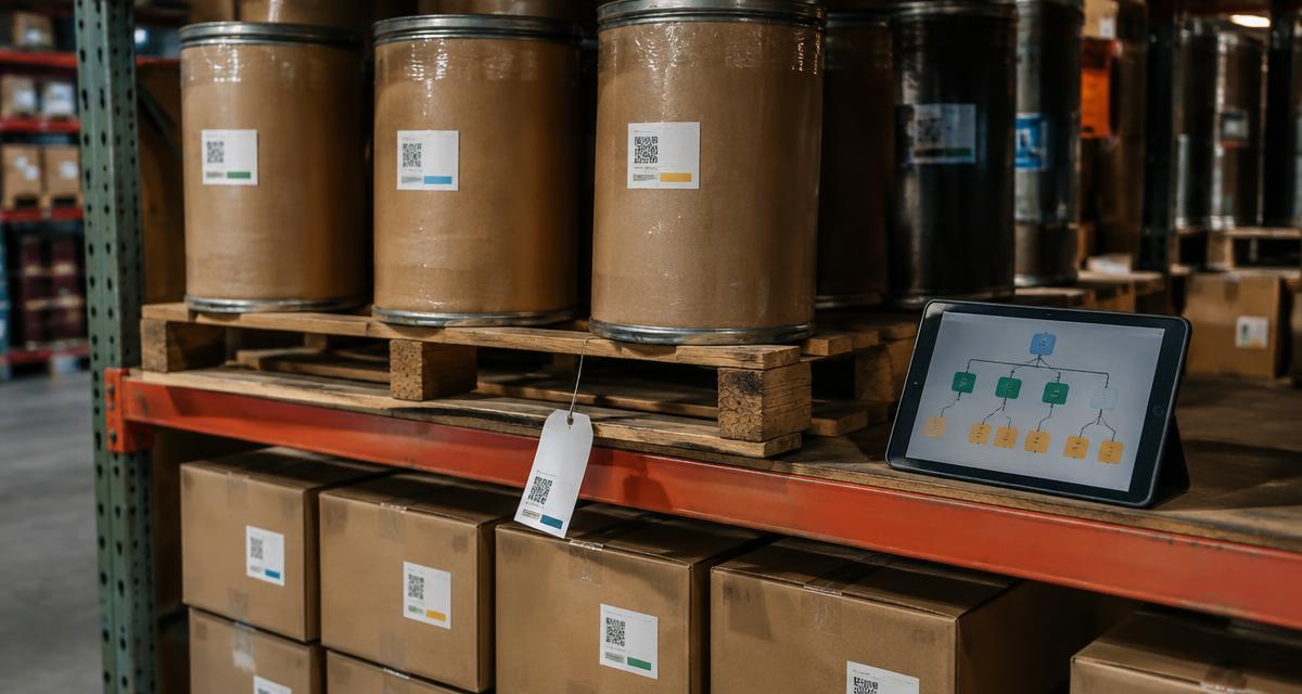A parent pallet of drums linked to smaller child cases, with a genealogy tree on a tablet