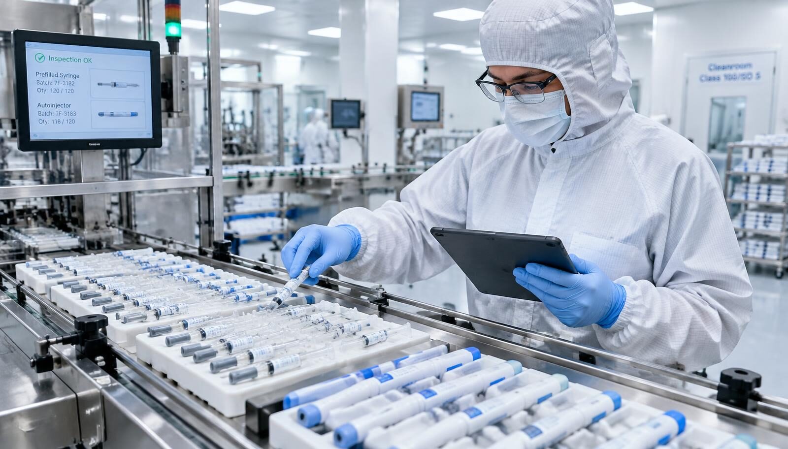 21 CFR Part 4: a gowned technician inspects prefilled syringes and autoinjectors with a tablet