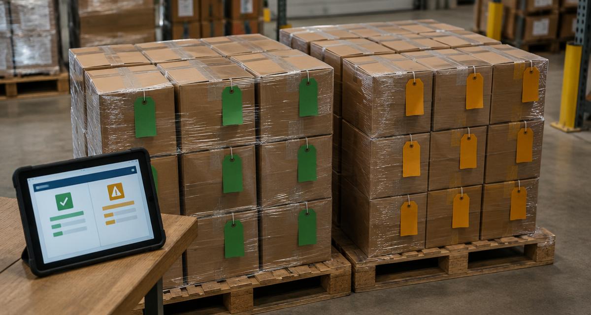 A pallet of cases split into released and on-hold groups with coloured tags