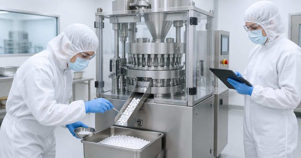 Two gowned engineers sampling tablets from a press and recording results during a performance qualification run