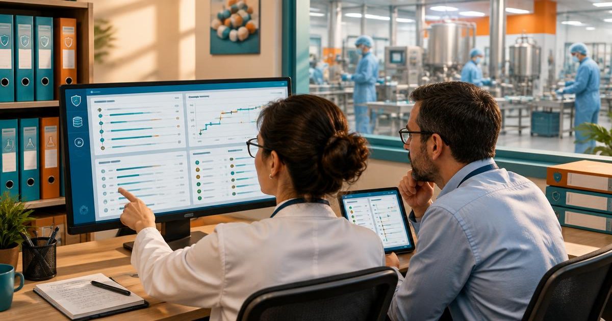 Periodic review of computerised systems: a validation specialist and quality reviewer examine audit trail and change history on screen
