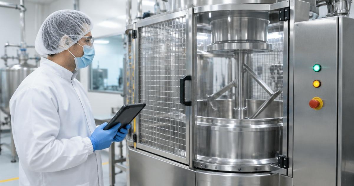 Engineer in hair cover mask glasses and gloves checking closed machine guard and readiness indicators on a tablet