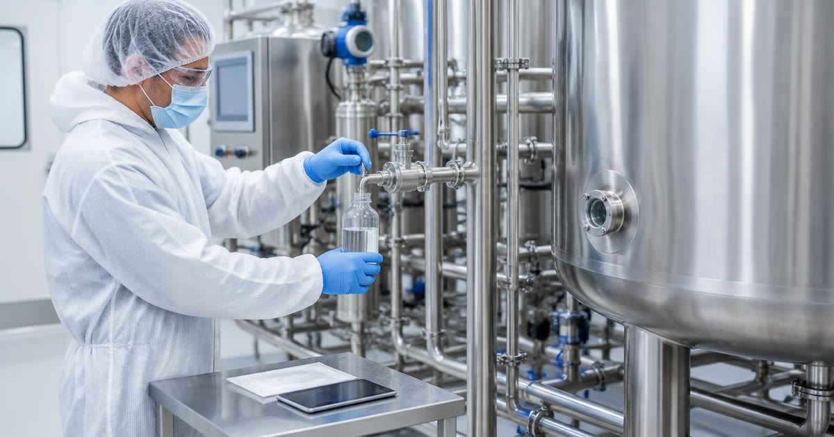 Technician in coverall, hair cover, mask and gloves taking a sample from a purified water loop