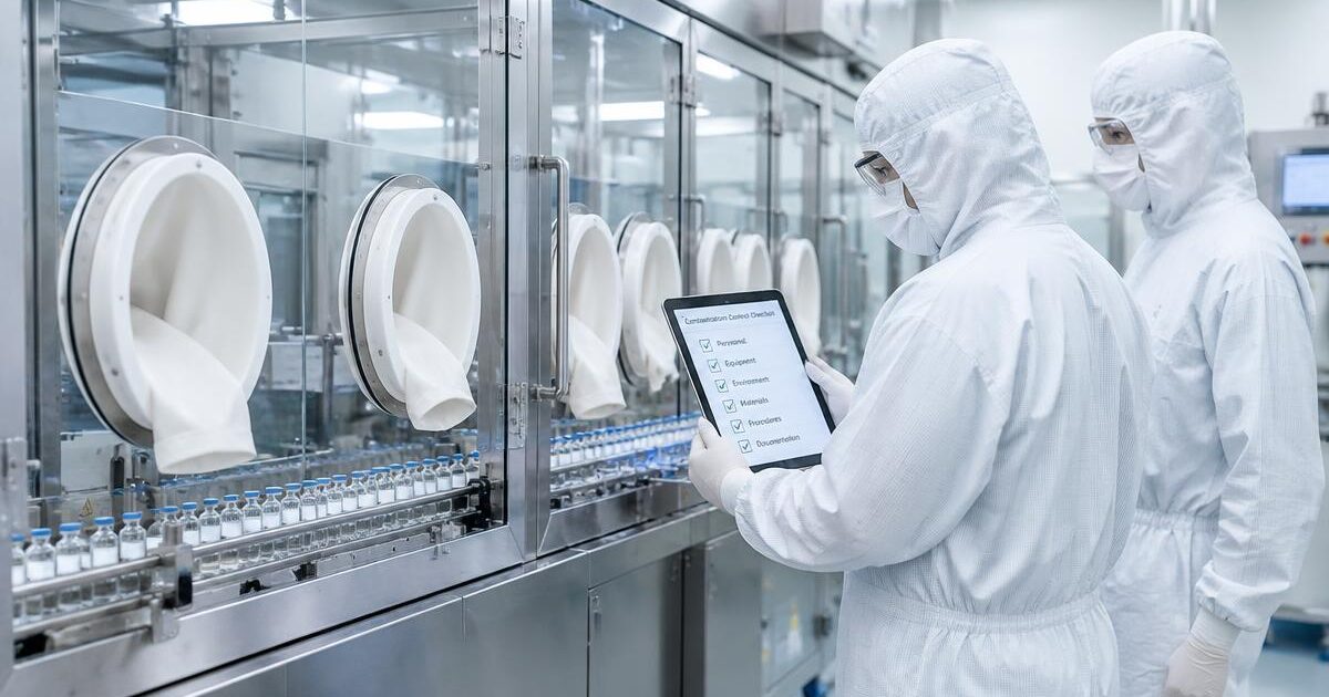PIC/S Annex 1: gowned operators review a contamination control checklist on a tablet beside a sterile vial-filling isolator