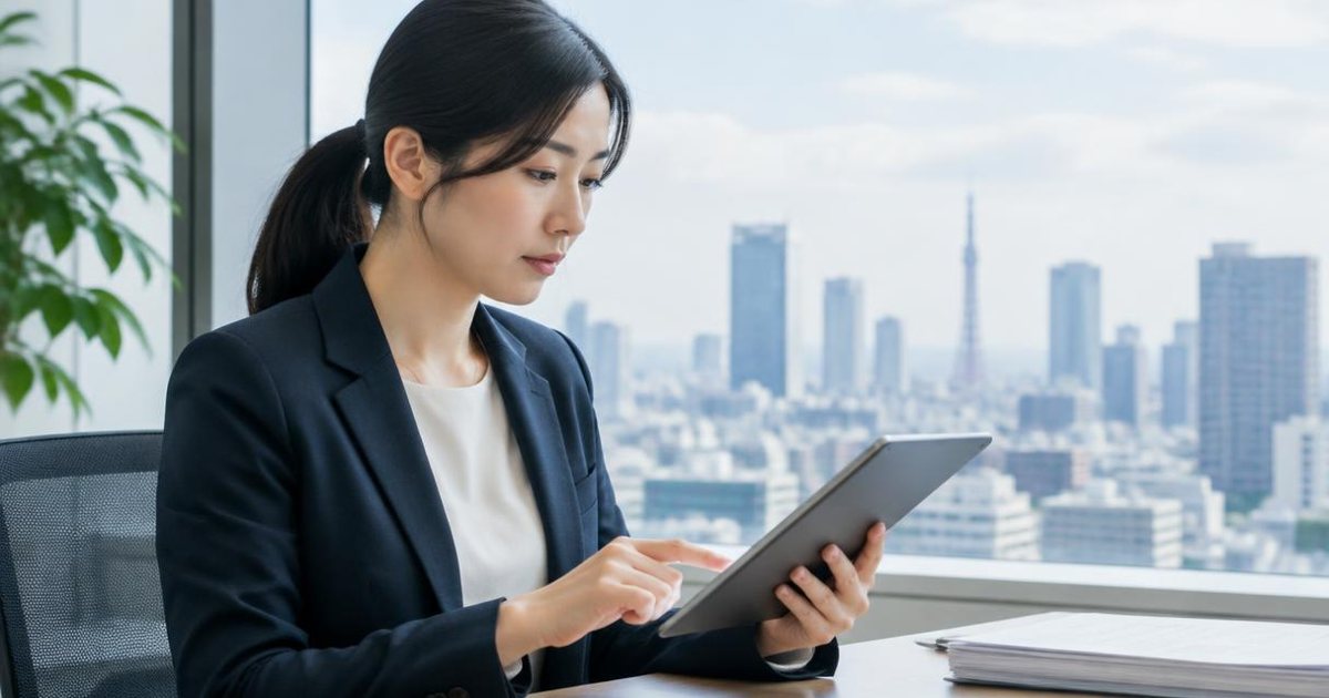 Regulatory professional in Tokyo reviewing a PMDA application on a tablet