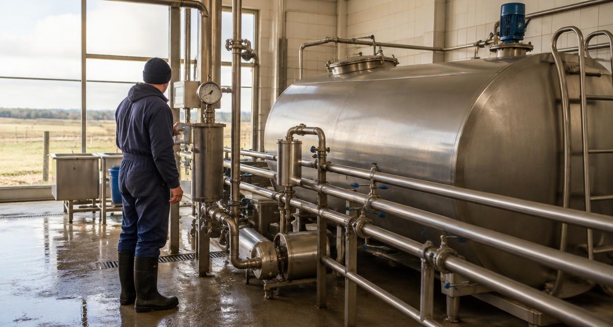 A dairy worker in protective clothing checking gauges beside a stainless steel bulk milk tank