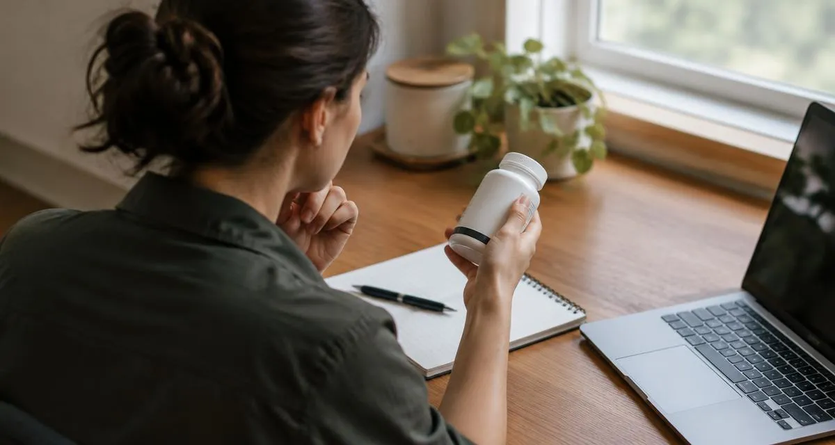 Customer examining a supplement bottle beside a laptop and notebook