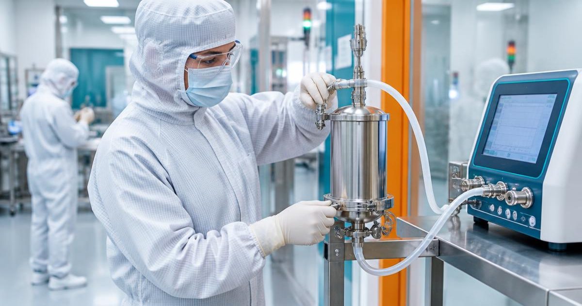 PUPSIT: a gowned operator connects a sterilised filter housing to an integrity test instrument in a pharmaceutical cleanroom