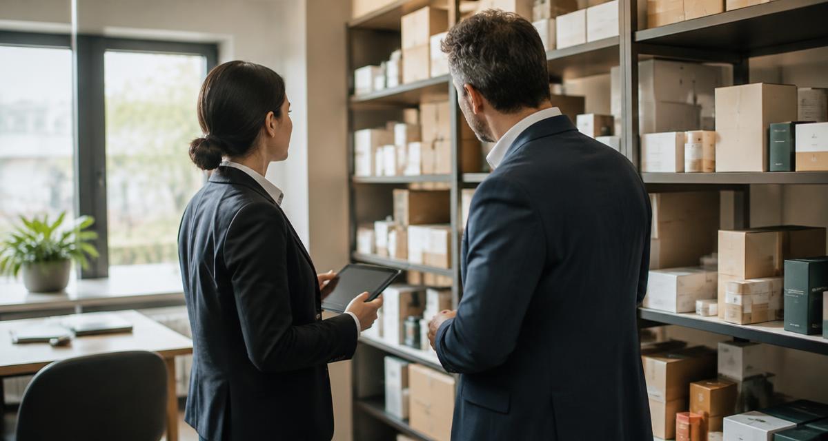 Two auditors with a tablet reviewing shelves of boxed products in a quality office
