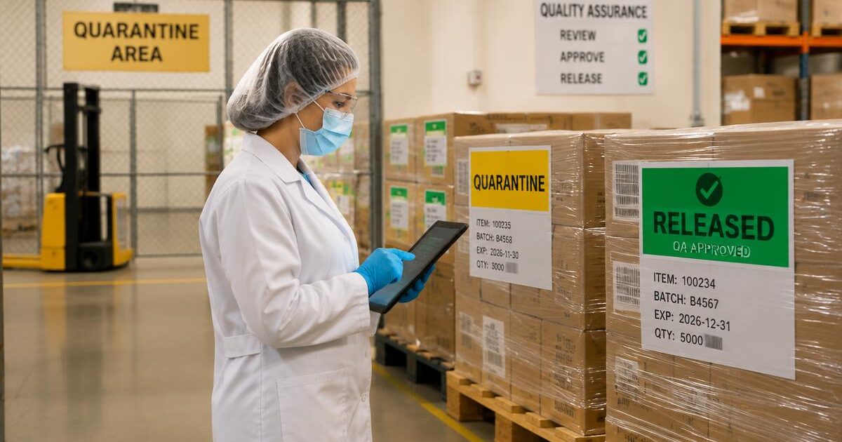 QA disposition step: a QA officer records material status on a tablet beside quarantined and released pallets