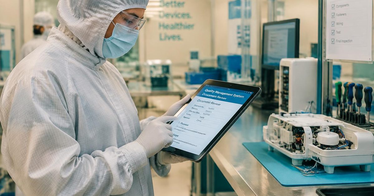 Gowned quality engineer in hood, mask and glasses reviewing a quality system document on a tablet beside a device assembly bench