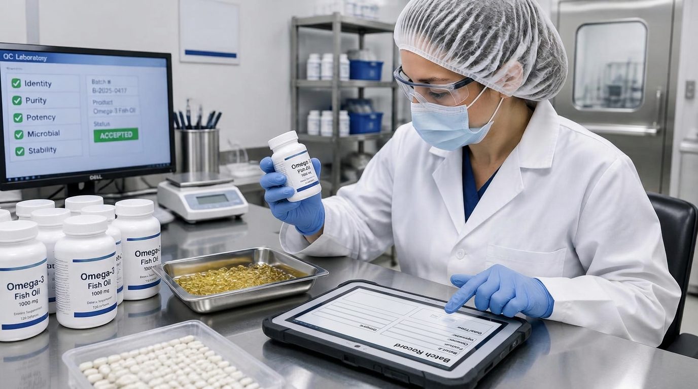 Quality control 111.105 context: protected reviewer examining supplement bottles and softgels with a tablet batch record