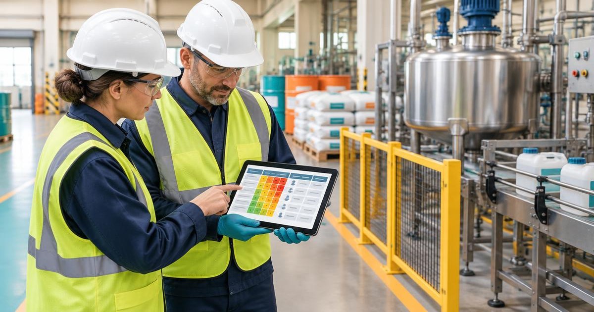 Quality risk register review: operations and quality specialists assess a risk matrix on a tablet beside a manufacturing process
