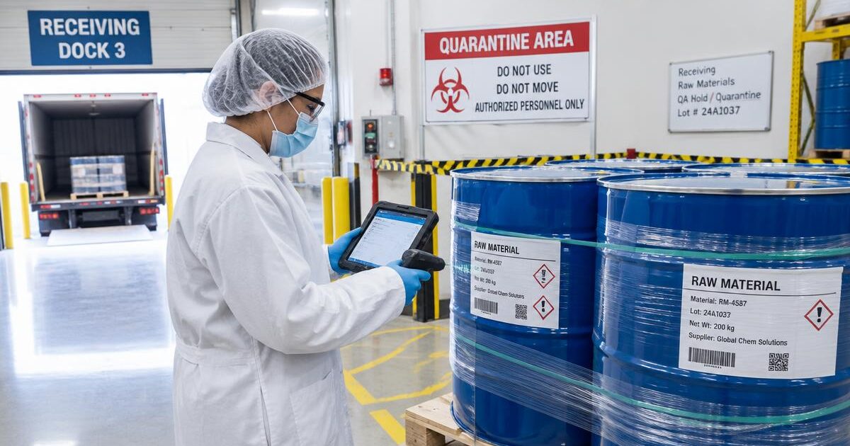 Receiving operator in protective clothing scans quarantined raw material drums with a tablet