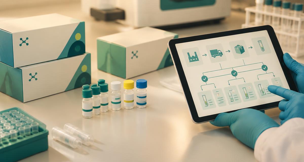 Diagnostic kit boxes and reagent vials beside a tablet showing a lot traceability flow