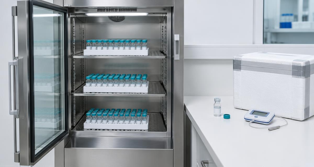 Reagent vial racks in a laboratory cabinet beside an open vial, temperature logger and insulated shipping box