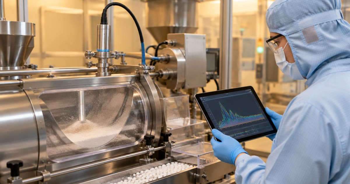 Gowned operator watching an inline NIR spectral trend on a tablet beside a continuous blender