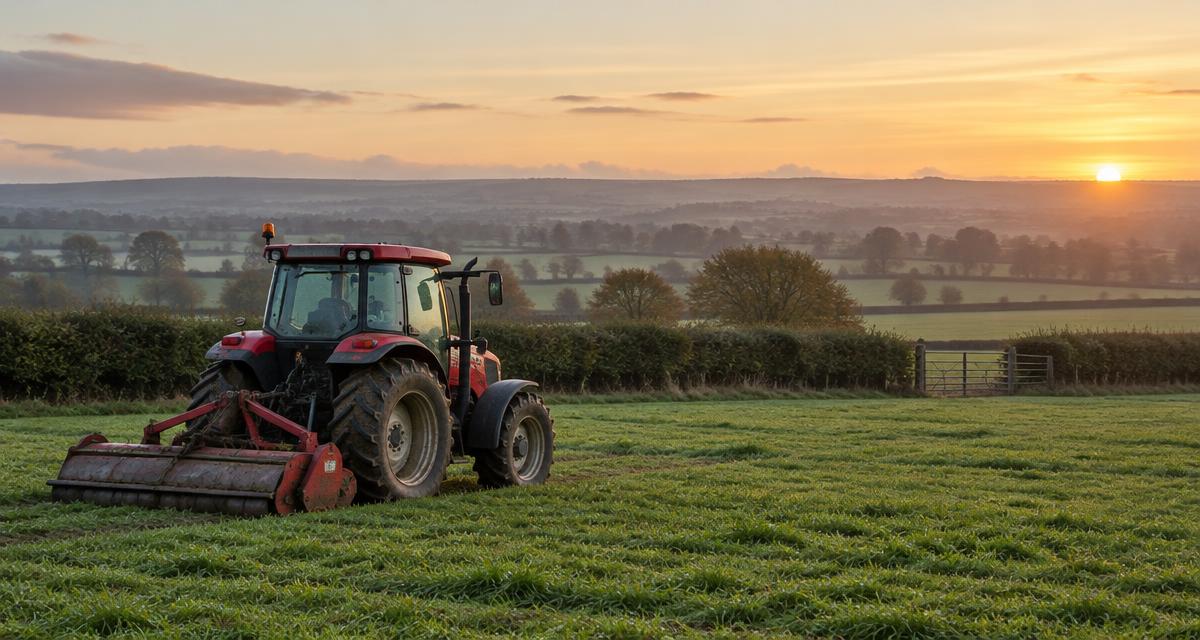 A red tractor in a green British field with hedgerows at dawn