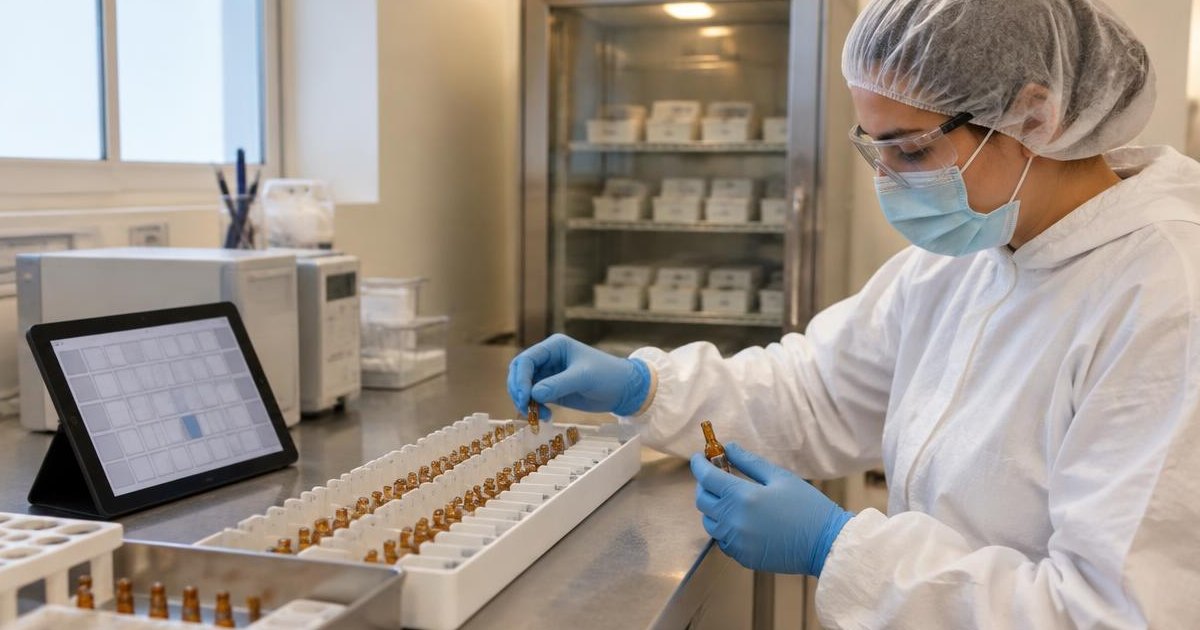 Protected analyst picking numbered amber ampoules from different positions of a fill-order tray for a homogeneity study