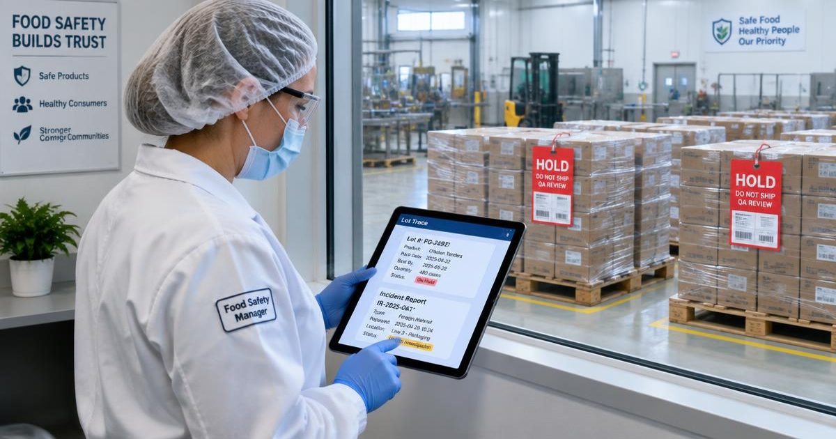 Food safety manager in hair cover, mask, glasses and gloves reviewing a lot trace on a tablet beside held pallets