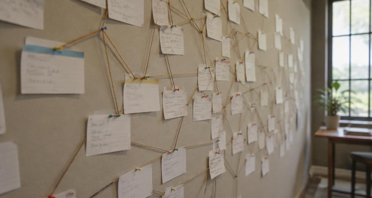 A wall of index cards connected by string forming a traceability web in a project room