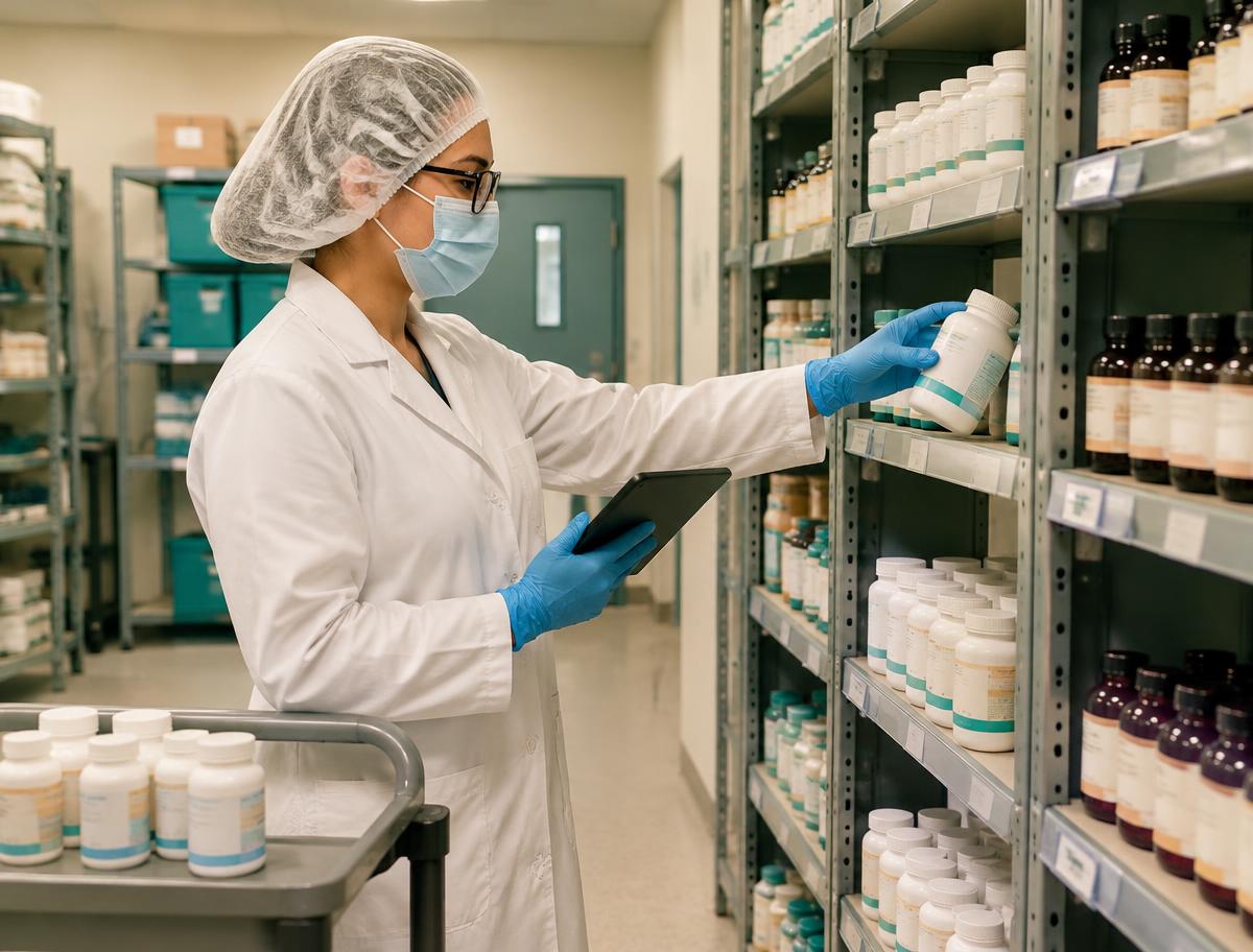 QA technician in hairnet, mask, glasses and gloves placing packaged supplement bottles on a reserve sample shelf