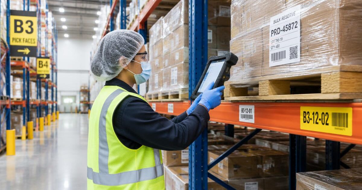 Warehouse worker in hair cover, mask, glasses, hi-vis vest and gloves scanning a bulk reserve pallet location with a rugged tablet