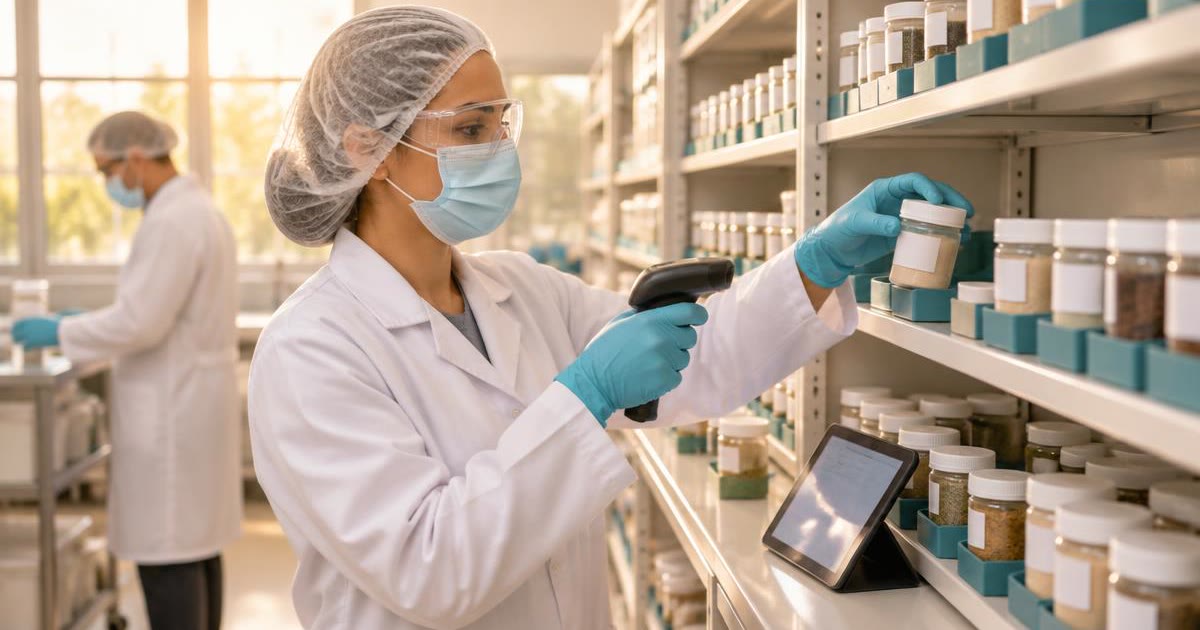 Retain samples library: a lab technician in PPE scans a retained sample jar onto shelves of logged retain samples