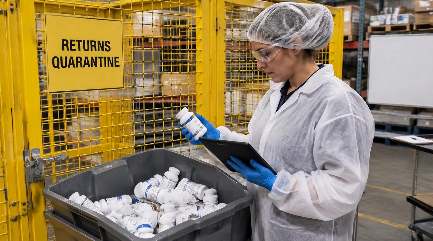 Returned dietary supplements context: protected worker inspecting returned supplement bottles in a quarantine cage with a tablet
