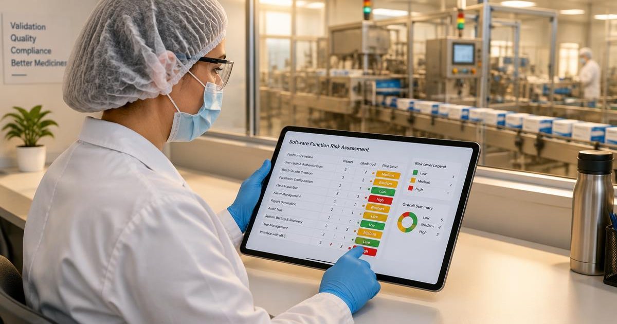 Validation engineer in hair cover, mask, glasses and gloves reviewing a software function risk matrix on a tablet